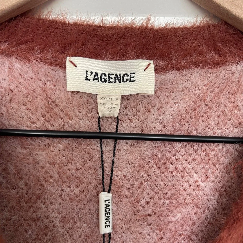 NWT L'AGENCE Saylor Cardigan Sz XXS Red Pink Argyle Fuzzy Eyelash Knit Chic Sexy